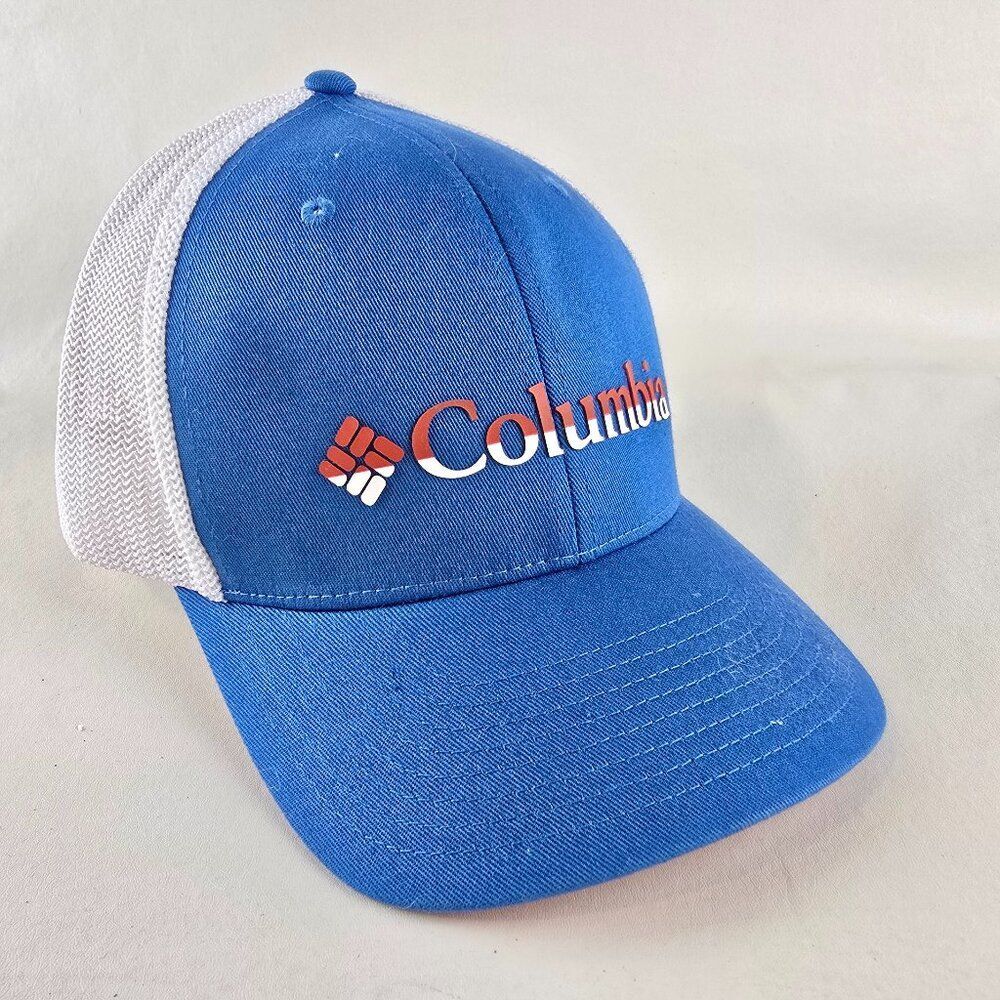 Columbia Hat Mens L XL Blue White Mesh Trucker Flexfit Logo Outdoor Fishing